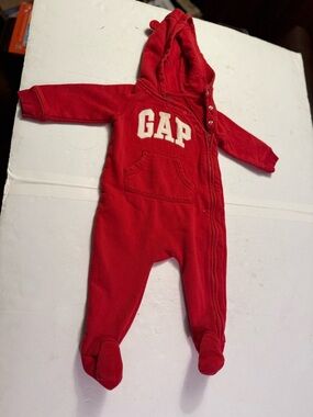 GAP Red Hooded Baby One-Piece Romper with White Logo